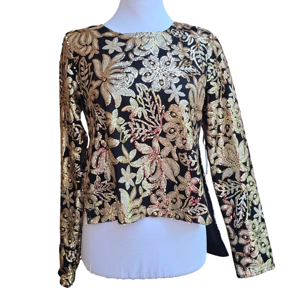 Lovers Friends Sequin Shirt Bright Lights Top Size XS Floral Black Gold Metallic